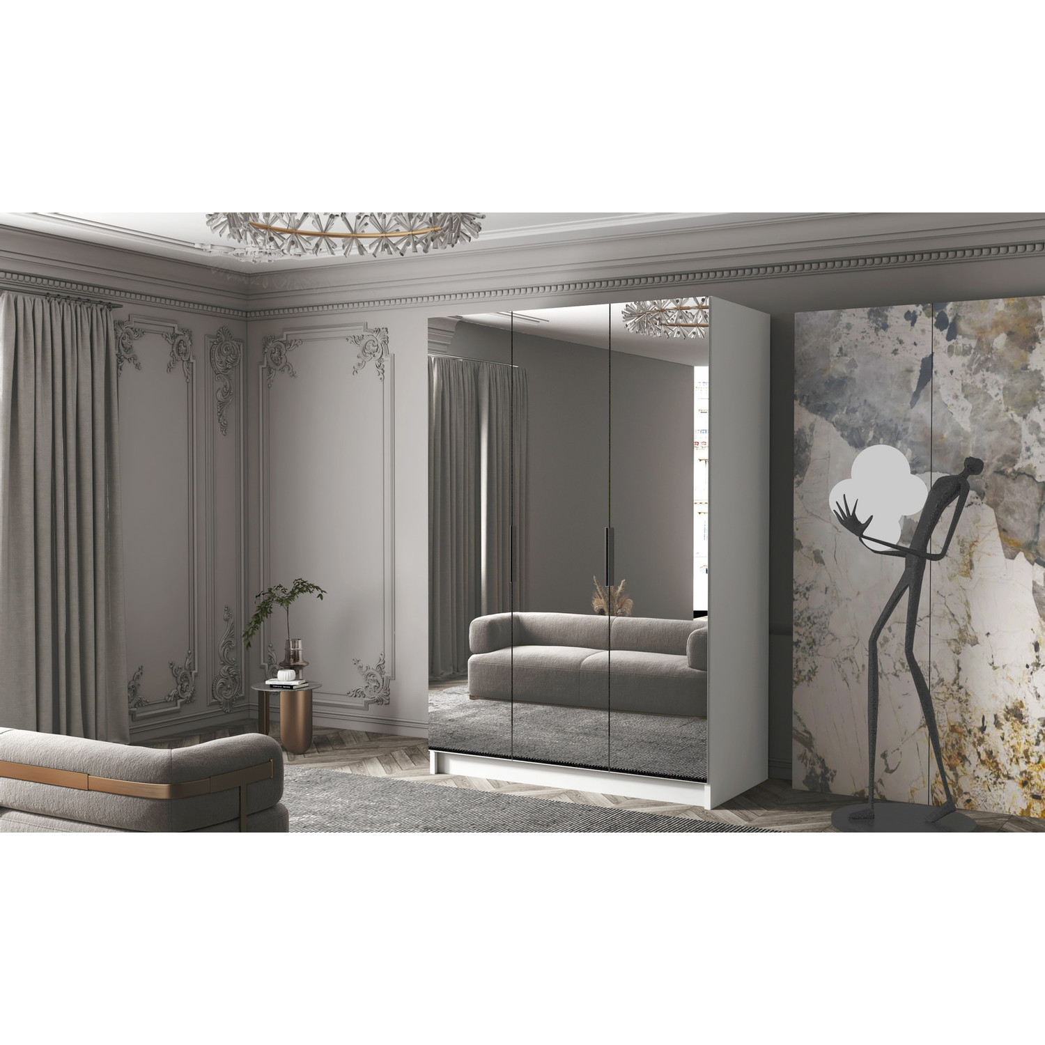 Šatní skříň CALPE 150 III - bílá/černé úchytky