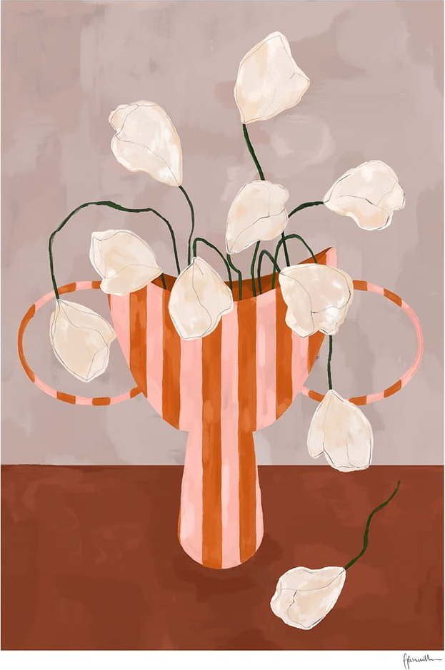 Plakát 30x40 cm White Flowers in Striped Vase – The Poster Club The Poster Club