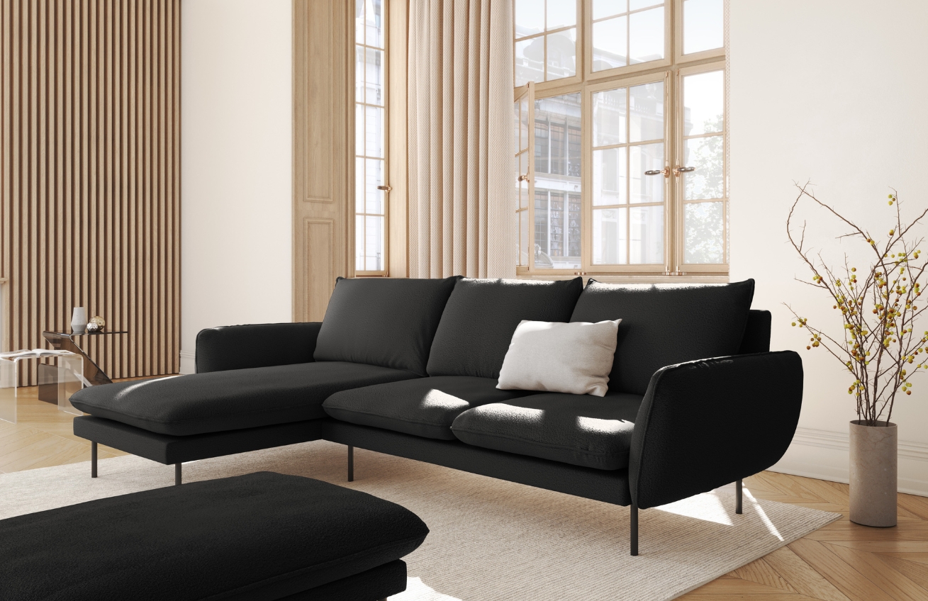 Cosmopolitan Design Černá bouclé rohová pohovka Vienna 255 cm