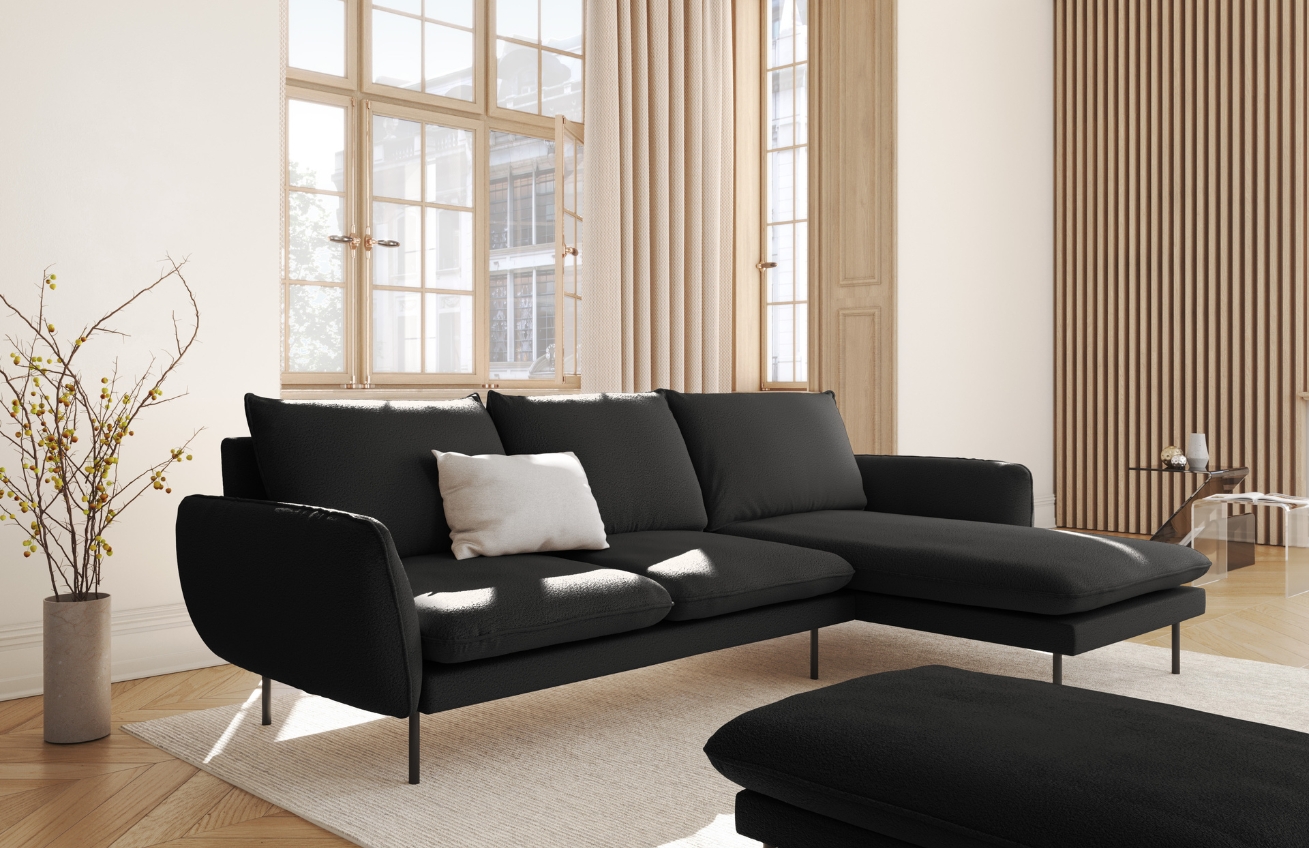 Cosmopolitan Design Černá bouclé rohová pohovka Vienna 255 cm