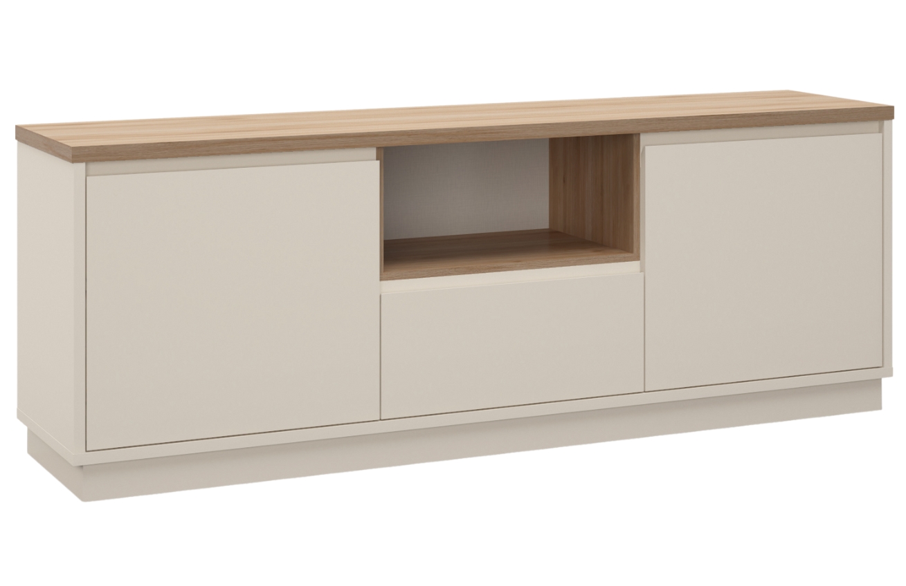 Marckeric Krémový lakovaný TV stolek Loreta 160 x 40 cm s dubovým dekorem Marckeric