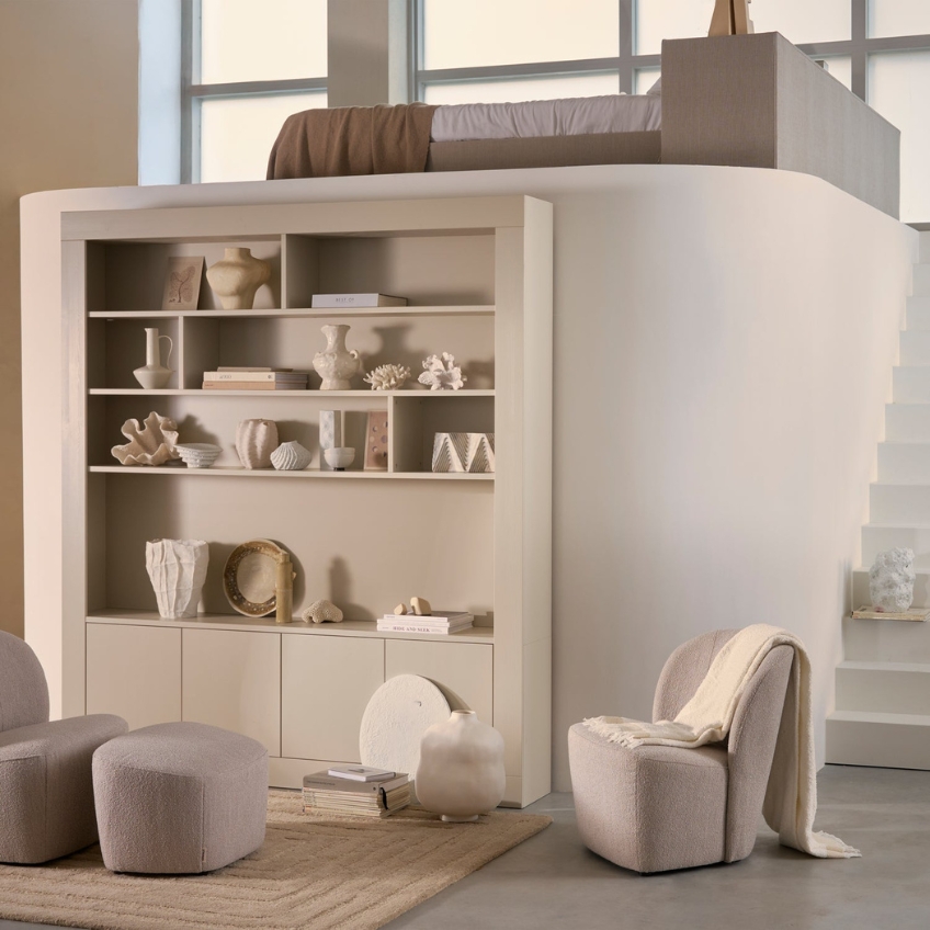 WOOOD Šedobéžová knihovna Wallcover 229 x 210 cm WOOOD