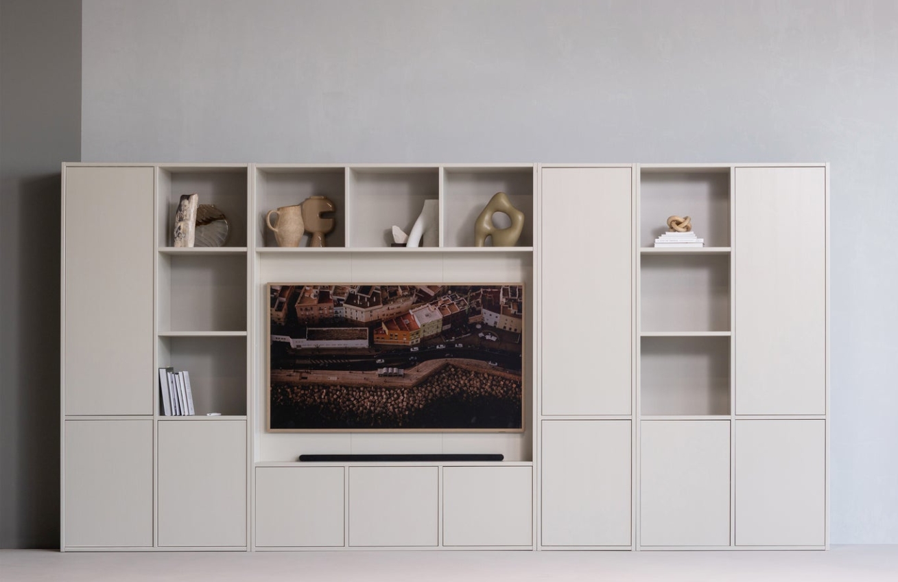 WOOOD Světle šedá dřevěná modulární skříň Meggy 215 x 108 cm