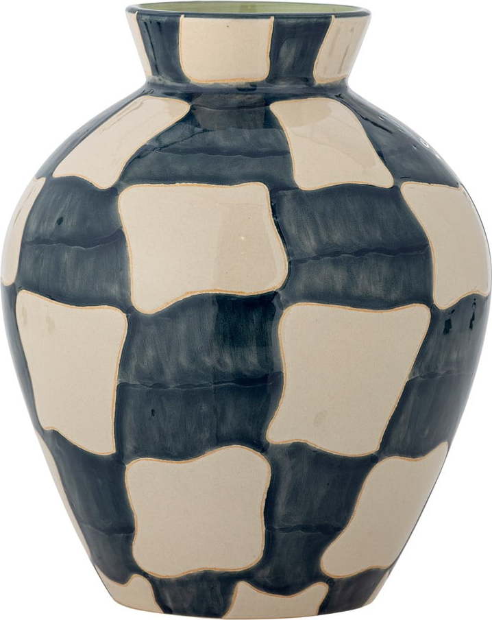 Modrá/krémová skleněná ručně malovaná váza (výška 24 cm) Check – Bloomingville Bloomingville