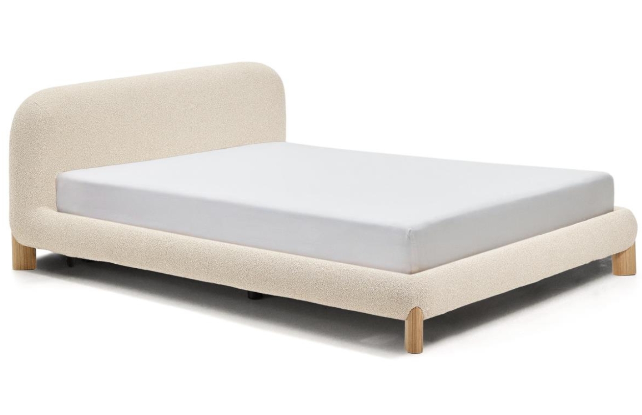 Kave Home Béžová bouclé dvoulůžková postel Odina 160 x 200 cm s přírodní podnoží Kave Home
