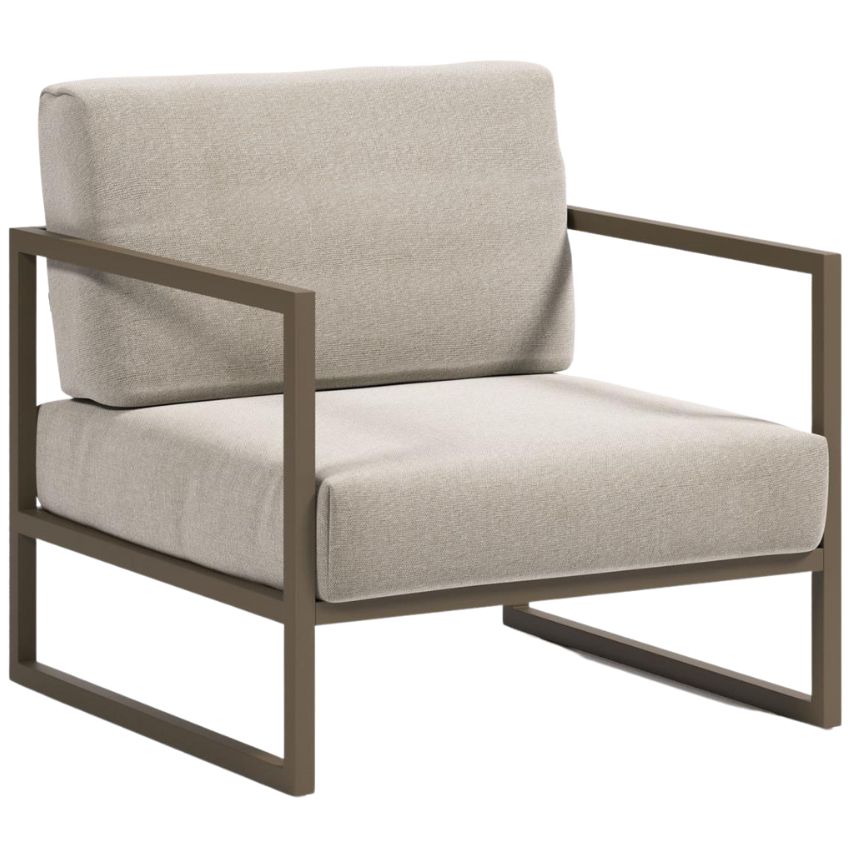 Světle šedé látkové zahradní křeslo Kave Home Comova s hnědo zelenou podnoží Kave Home