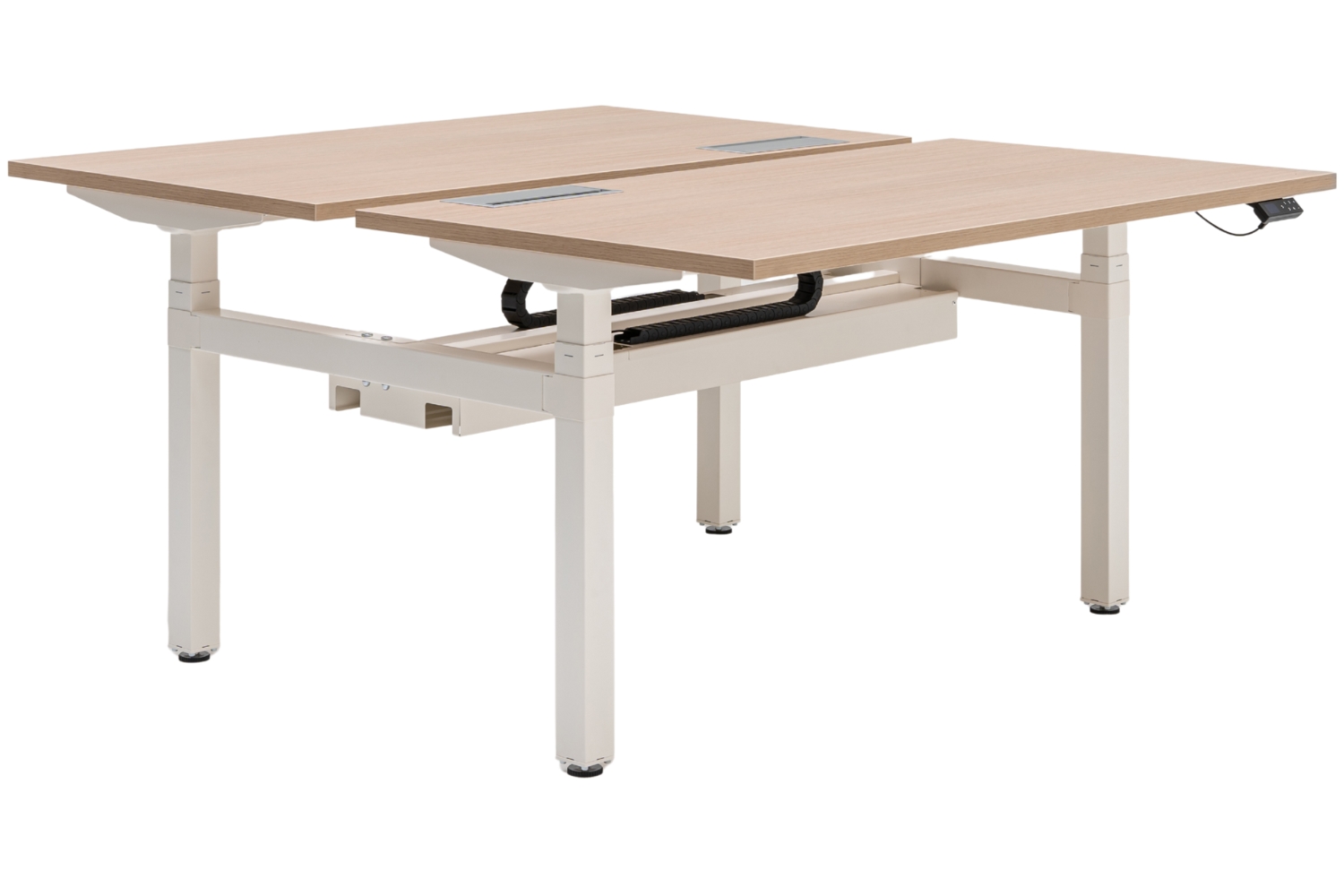 MDD Dubový výškově nastavitelný pracovní stůl Ogi Drive Bench 140 x 169 cm s bílou podnoží MDD