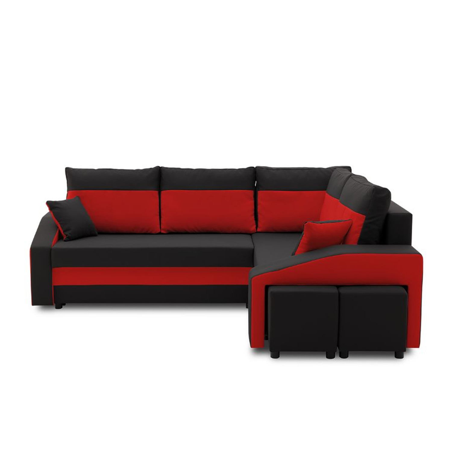 Rozkládací rohová sedací souprava s taburety a poličkou GRANDE micro Pravá Černá/červená