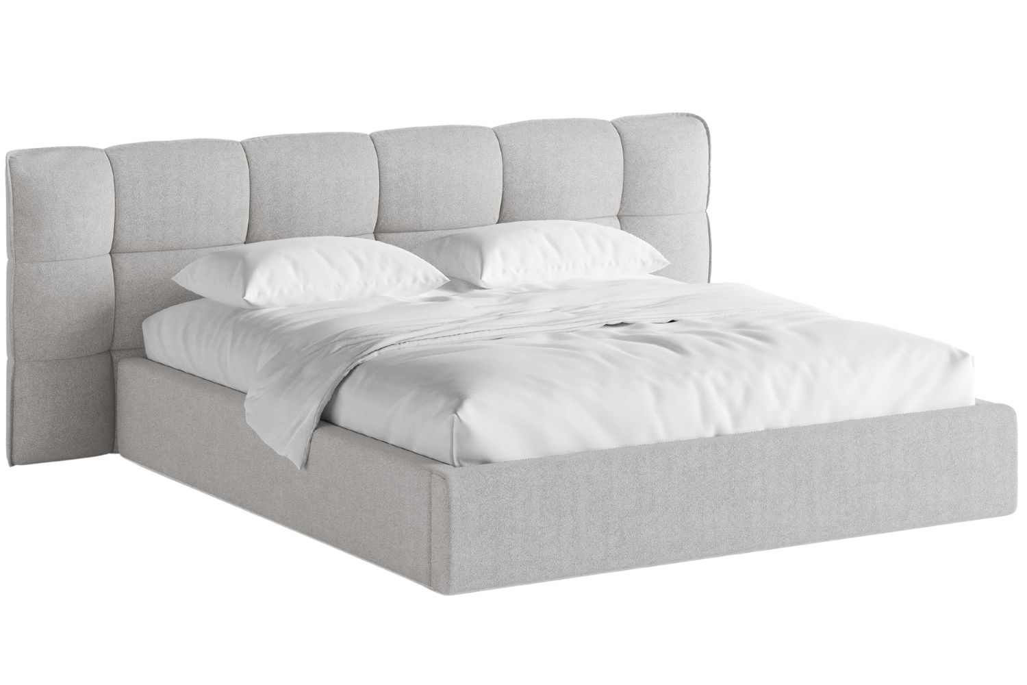 Světle šedá bouclé dvoulůžková postel MICADONI Eric 180 x 200 cm s úložným prostorem Micadoni