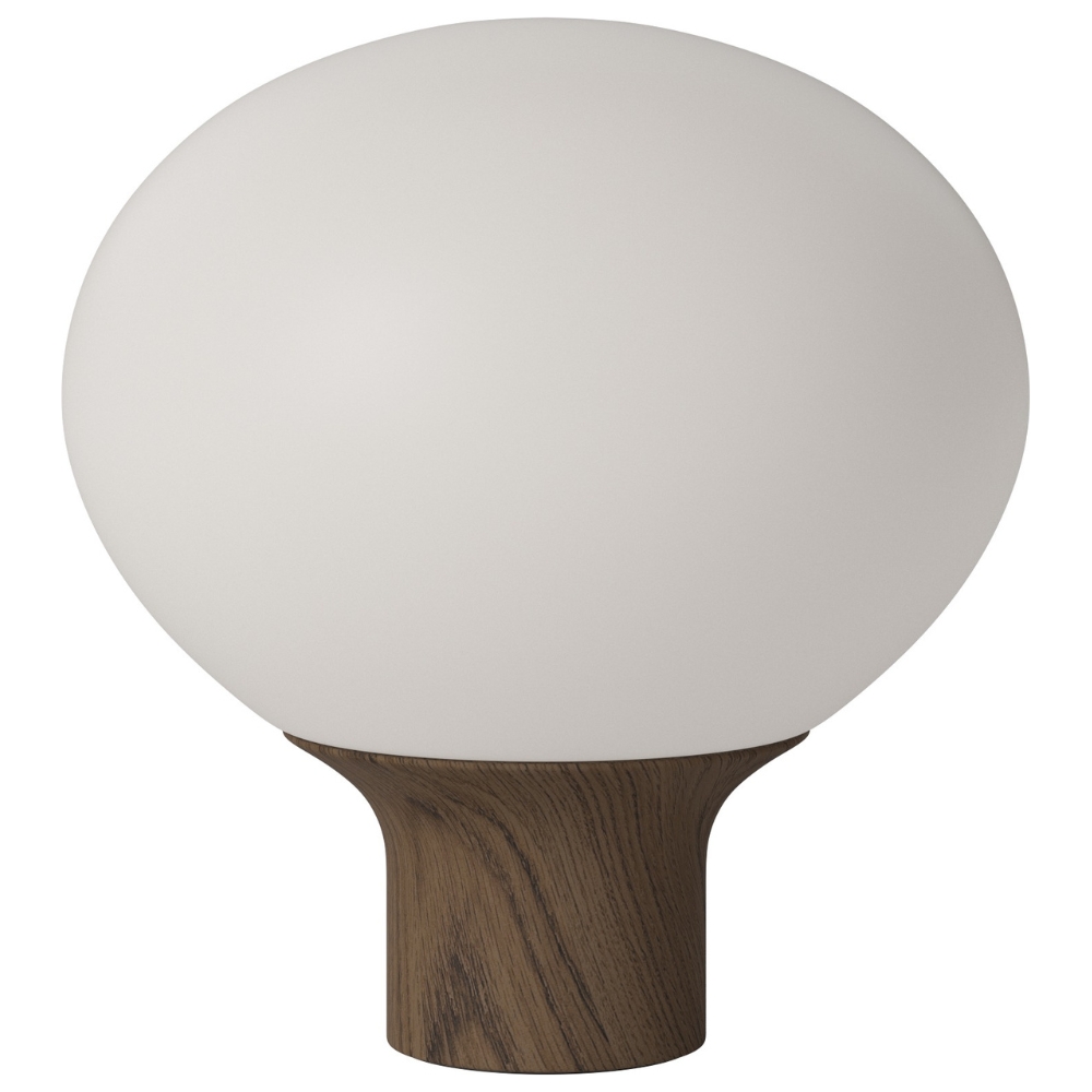 Bolia Opálově bílá skleněná stolní lampa Acorn 32 cm s tmavou dubovou podstavou Bolia